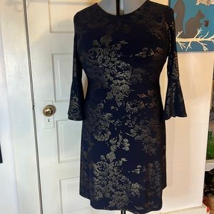 Tommy Hilfiger Women's Rose Printed Bell-Sleeve Dress size 10 Navy Blue & Gold